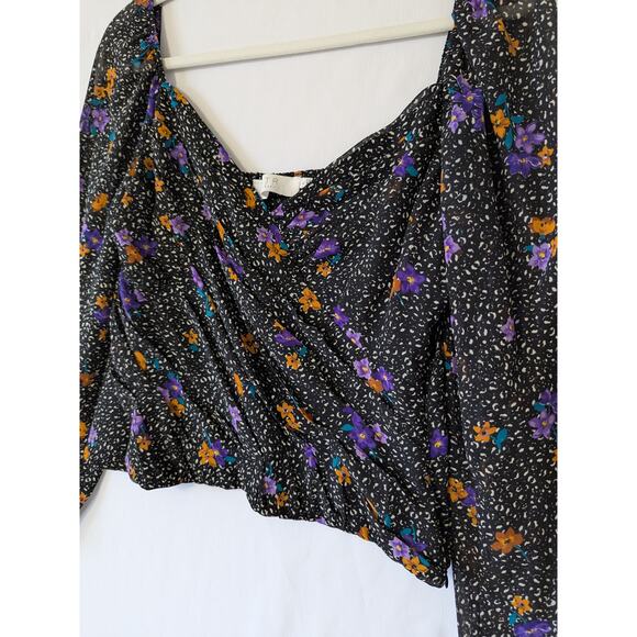 ASTR Shirred Puff Sleeve Sweetheart Neck Floral Smocked Top Size L Boho Black - Picture 3 of 9